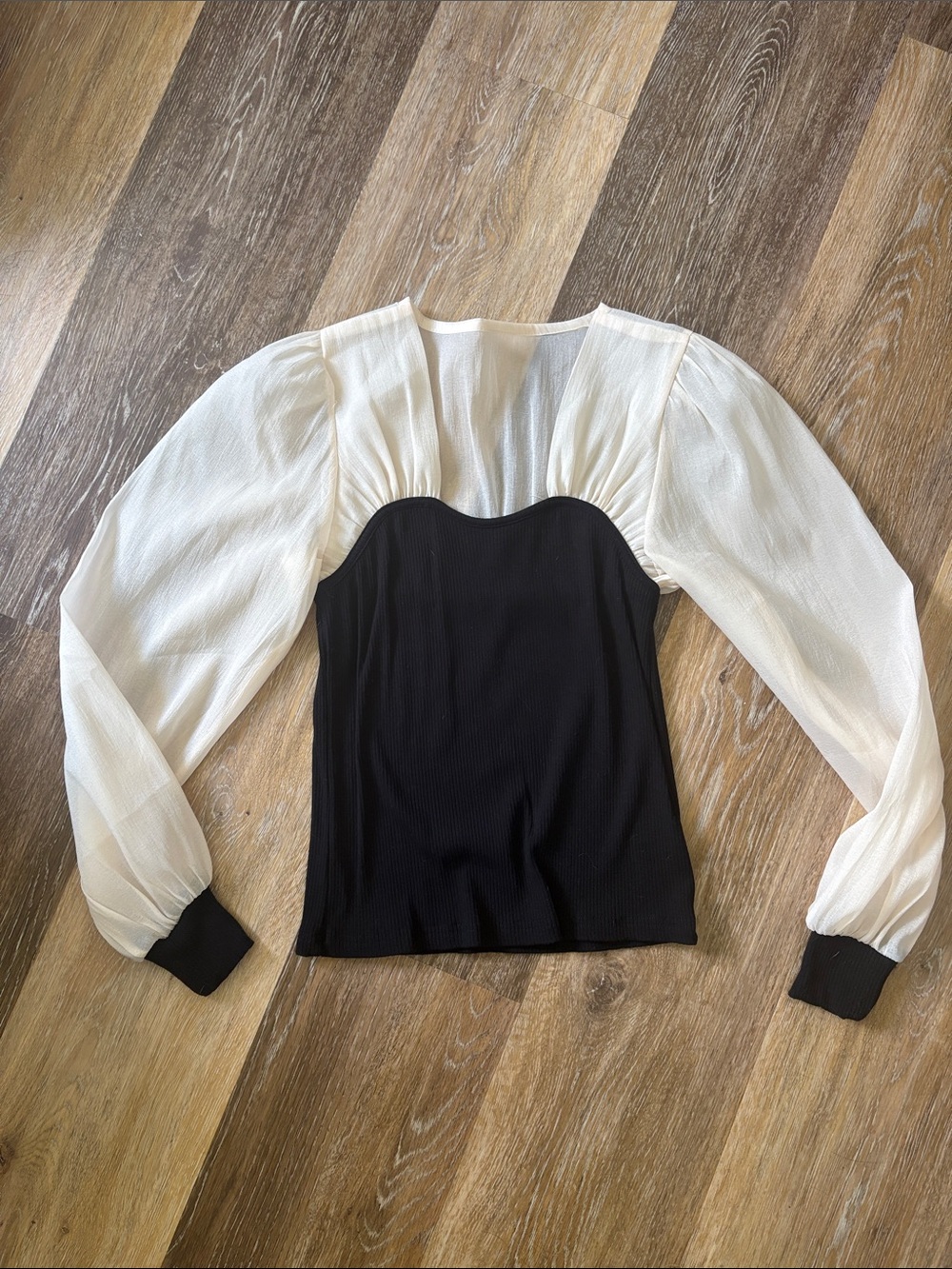 J.ING Black Ribbed Bodice with White Sheer Puff Sleeves